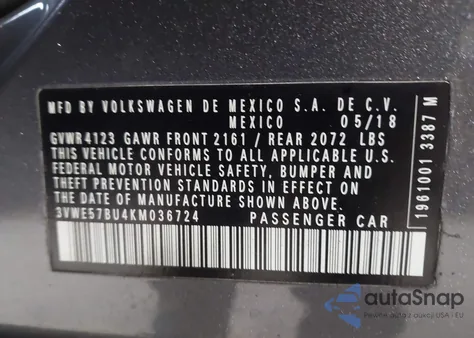 2019 Volkswagen Jetta 1.4T Sel z USA, uszkodzony, nr VIN 3VWE57BU4KM036724